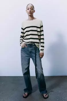 Базовый трикотажный свитер ZARA, темно-синий/белый