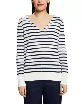 Базовый женский свитер в полоску с V-образным вырезом Esprit, белый