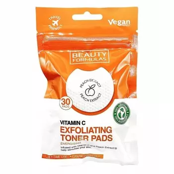 Beauty Formulas, Exfoliating Toner Pads с витамином C, пропитанные отшелушивающие диски с витамином C, 30 шт