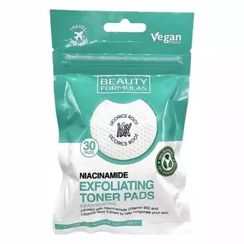 Beauty Formulas, Niacinamine Exfoliating Toner Pads, отшелушивающие подушечки, пропитанные ниацинамидом, 30 шт