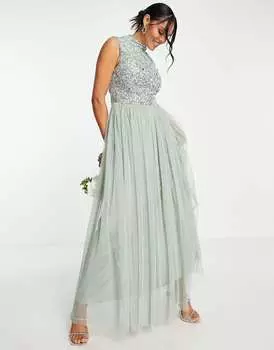 Beauut Bridesmaid 2 в 1, украшенное платье макси с пышной тюлевой юбкой шалфейного цвета