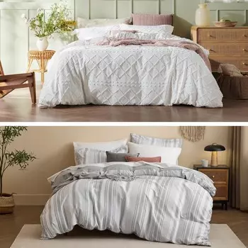 Bedsure Белый пододеяльник в стиле бохо Twin Size + двусторонний серый полосатый пододеяльник Twin Set