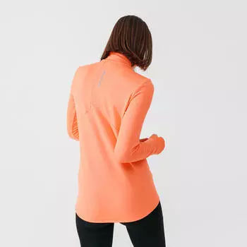Беговая рубашка с длинными рукавами женская теплая на молнии кораллового цвета KALENJI, кораллово-розовый