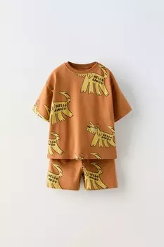 Беговый комбинезон с принтом puppy, футболкой и шортами-бермудами ZARA, красновато-коричневый