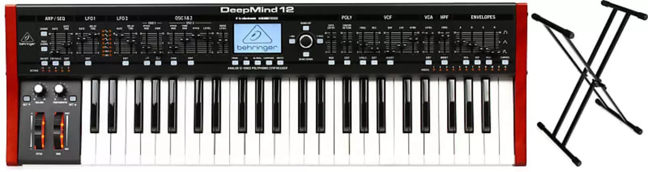Behringer DeepMind 12 49-клавишный 12-голосный аналоговый синтезатор в комплекте с Gator Frameworks GFW-KEY-2000X Deluxe X-Style Keyboard Stand