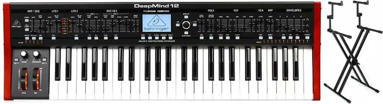 Behringer DeepMind 12 49-клавишный 12-голосный аналоговый синтезатор в комплекте с Gator Frameworks GFW-KEY-5100X Deluxe 2-уровневая подставка для клавиатуры X-Style