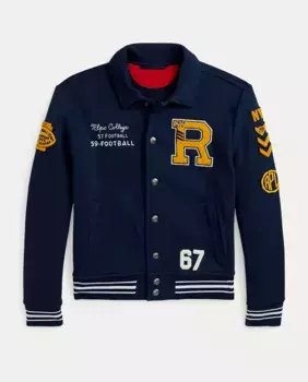 Бейсбольная куртка для мальчика с нашивками и полосатой отделкой Polo Ralph Lauren, темно-синий