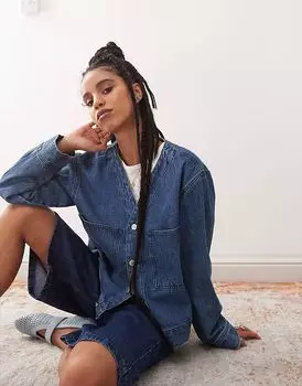 Бейсбольная рубашка из денима Reclaimed Vintage, средне-синего цвета