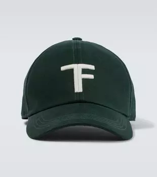 Бейсболка с вышивкой TF и кожаными вставками Tom Ford, Pine Green + Cream