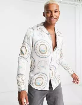 Белая атласная рубашка с принтом в стиле ренессанс ASOS DESIGN revere