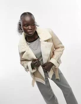 Белая байкерская куртка-авиатор из искусственной овчины Topshop Petite