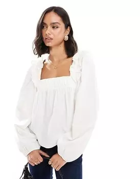 Белая блузка из поплина трапеции с рюшами на плечах ASOS DESIGN