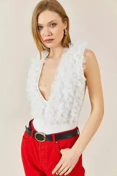 Белая блузка-пачка с V-образным вырезом и детальной застежкой 3YXK2-46878-01 XHAN