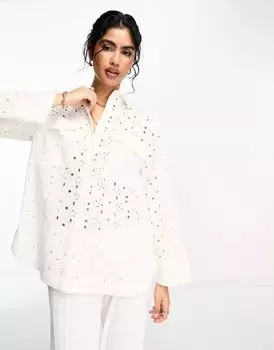 Белая блузка-рубашка свободного кроя ASOS с ажурным узором и глубоким краем сзади