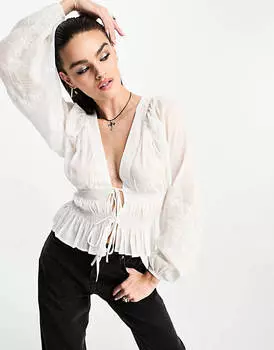 Белая блузка с завязками спереди и вышивкой вышивкой Reclaimed Vintage