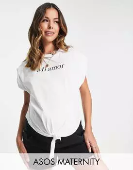 Белая футболка для беременных с завязками спереди и надписью mi amour ASOS DESIGN