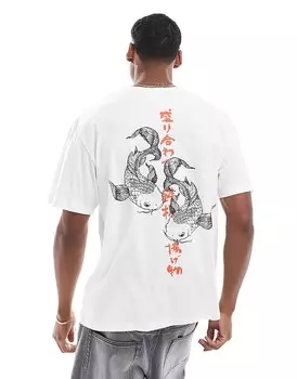Белая футболка оверсайз Jack & Jones с карповым принтом на спине