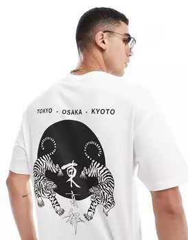 Белая футболка оверсайз с тигровым принтом на спине Jack & Jones