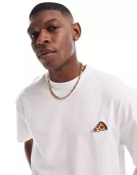 Белая футболка оверсайз с вышивкой "Пицца" потертого цвета Threadbare