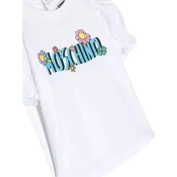 Белая футболка с цветочным принтом и логотипом Moschino, мультиколор