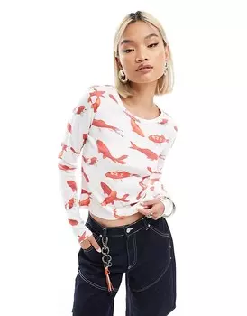 Белая футболка с длинными рукавами и принтом рыб кои Basic Pleasure Mode