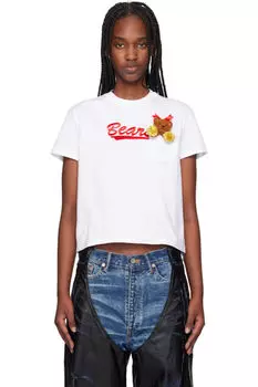 Белая футболка с изображением медведя-болельщика doublet