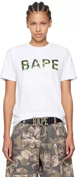 Белая футболка с камуфляжным принтом ABC и блестками BAPE, белый/зеленый