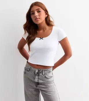 Белая футболка с круглым вырезом и отделкой бантом для девочек New Look, белый