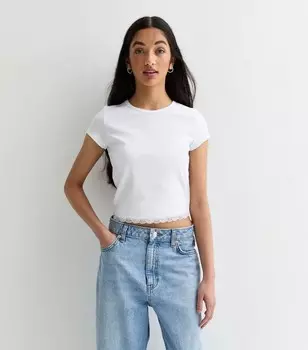 Белая футболка с кружевным подолом для девочек New Look, белый