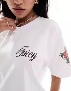 Белая футболка с логотипом и принтом роз Juicy Couture