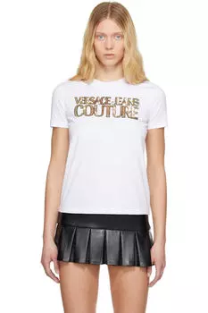 Белая футболка с логотипом, расшитая пайетками Versace Jeans Couture