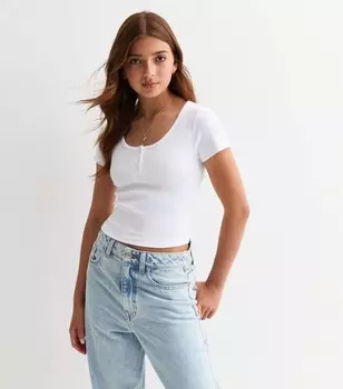 Белая футболка с пуговицами в рубчик для девочек New Look, белый