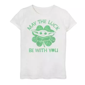 Белая футболка с рисунком для девочек 7–16 лет «Звездные войны, мандалорец, да пребудет с тобой удача» Шемрок Грогу, он же Бэби Йода Star Wars