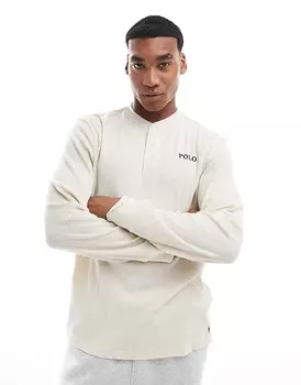 Белая футболка с вафельным воротником и длинными рукавами Polo Ralph Lauren Lounge