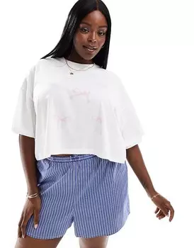 Белая футболка свободного кроя с розовым бантом ONLY Curve