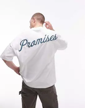 Белая футболка Topman Heavyweight Extreme Oversize с зеленой вышивкой «Promises» спереди и сзади