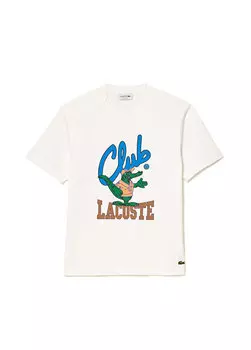 Белая футболка унисекс свободного кроя с круглым вырезом и принтом Lacoste