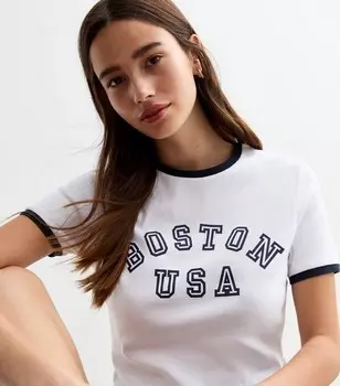 Белая хлопковая футболка Boston USA New Look, белый