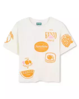 Белая хлопковая футболка для девочки Kenzo Kids, белый