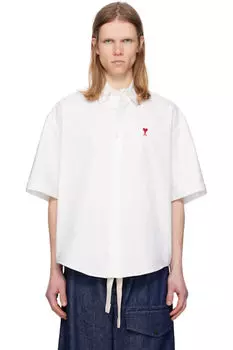 Белая хлопковая рубашка свободного кроя с короткими рукавами AMI Paris