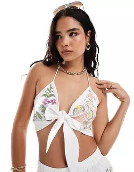 Белая кофточка с завязками спереди и вышитым цветочным узором ASOS DESIGN, часть комплекта