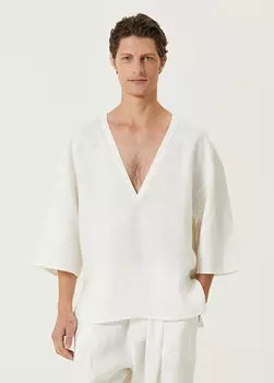 Белая льняная футболка оверсайз с v-образным вырезом Serta Tadelen