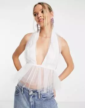 Белая майка из тюля с глубоким вырезом и подолом с баской ASOS DESIGN
