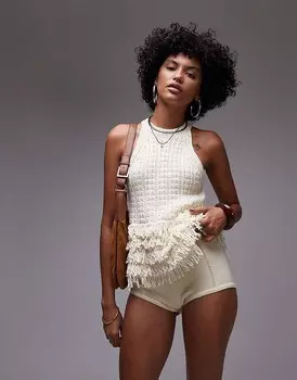 Белая майка крючком Mango с бахромой