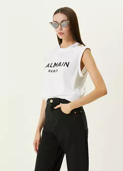 Белая майка с круглым вырезом и логотипом Balmain