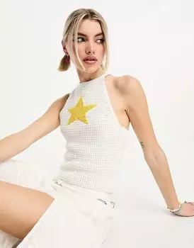 Белая майка с воротником-бретелькой и принтом звезд ASOS DESIGN, связанная крючком