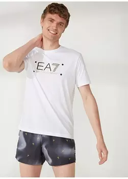 Белая мужская футболка с круглым вырезом EA7