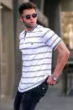 Белая мужская футболка в полоску с воротником-поло 5874 MADMEXT