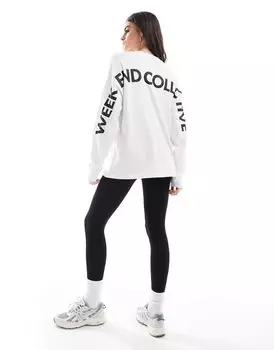 Белая объемная футболка с длинными рукавами и логотипом на спине ASOS Weekend Collective