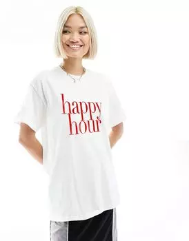 Белая объемная футболка с изображением счастливого часа ASOS DESIGN